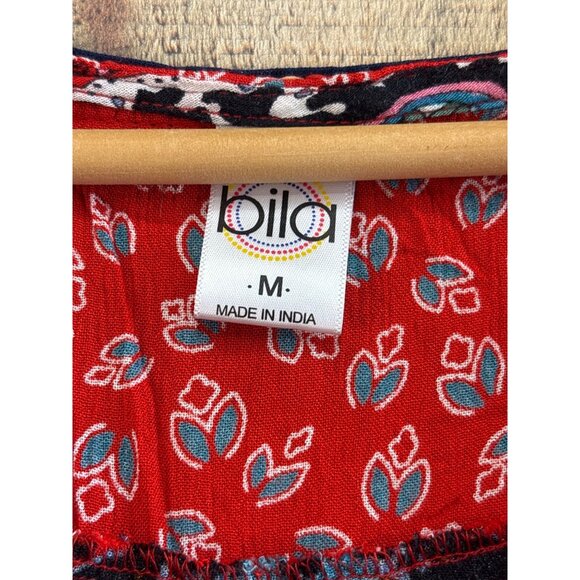 Bila Womens Paisley & Floral Print Sleeveless Top Red/Multicolor Ruffle Hem M - Picture 2 of 6